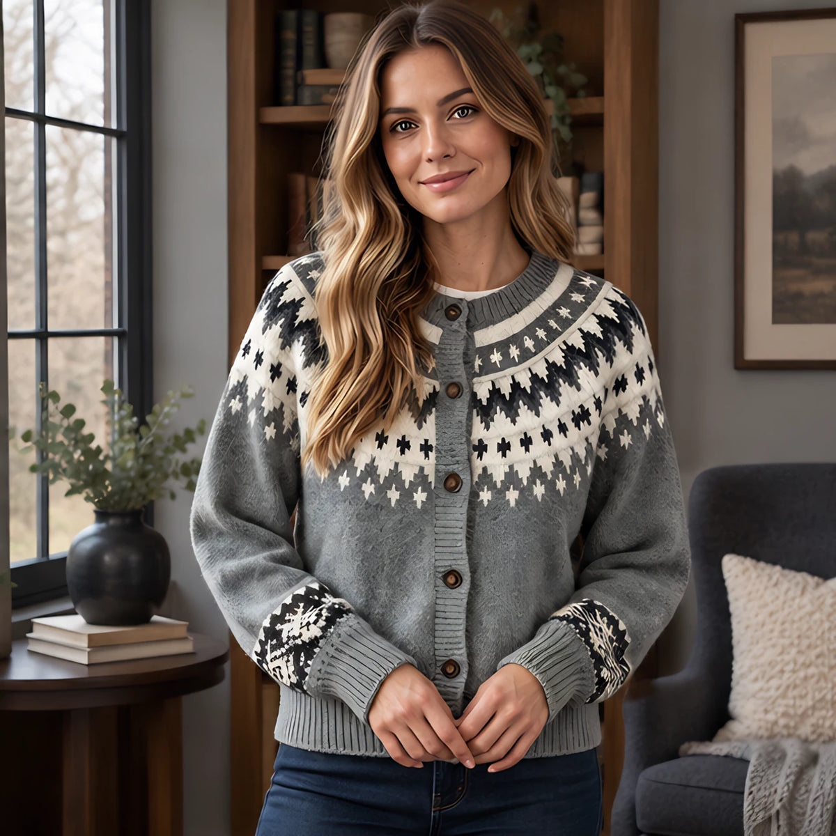 Theodora Women's Fair Isle Yoke Cardigan - Grey - Women's Clothing > Sweaters & Cardigans > Cardigans - Brondals - Image 1