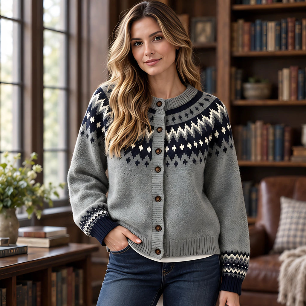 Theodora Women's Fair Isle Yoke Cardigan - Navy - Women's Clothing > Sweaters & Cardigans > Cardigans - Brondals - Image 1