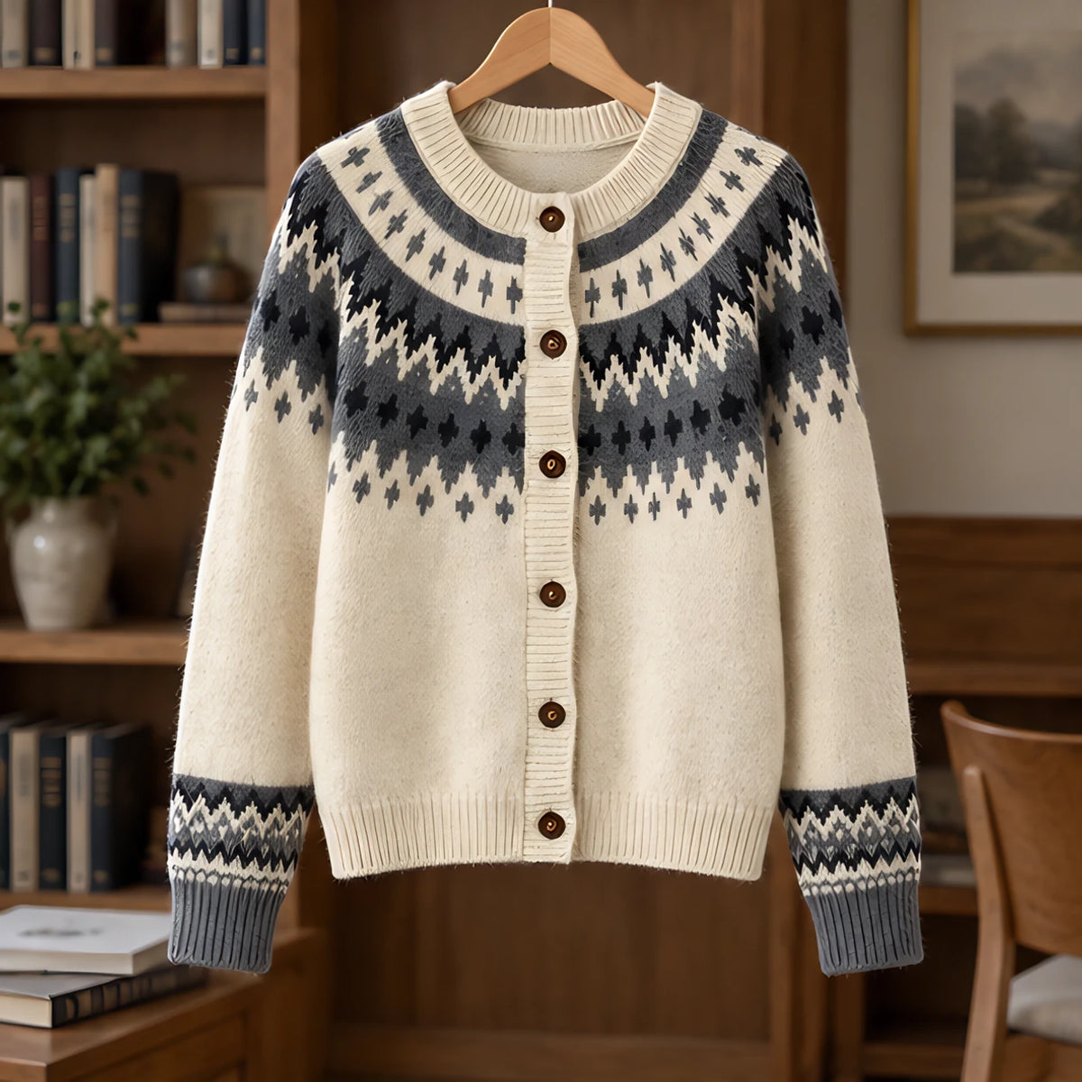 Theodora Women's Fair Isle Yoke Cardigan - Beige - ai-processed - Brondals - Image 3