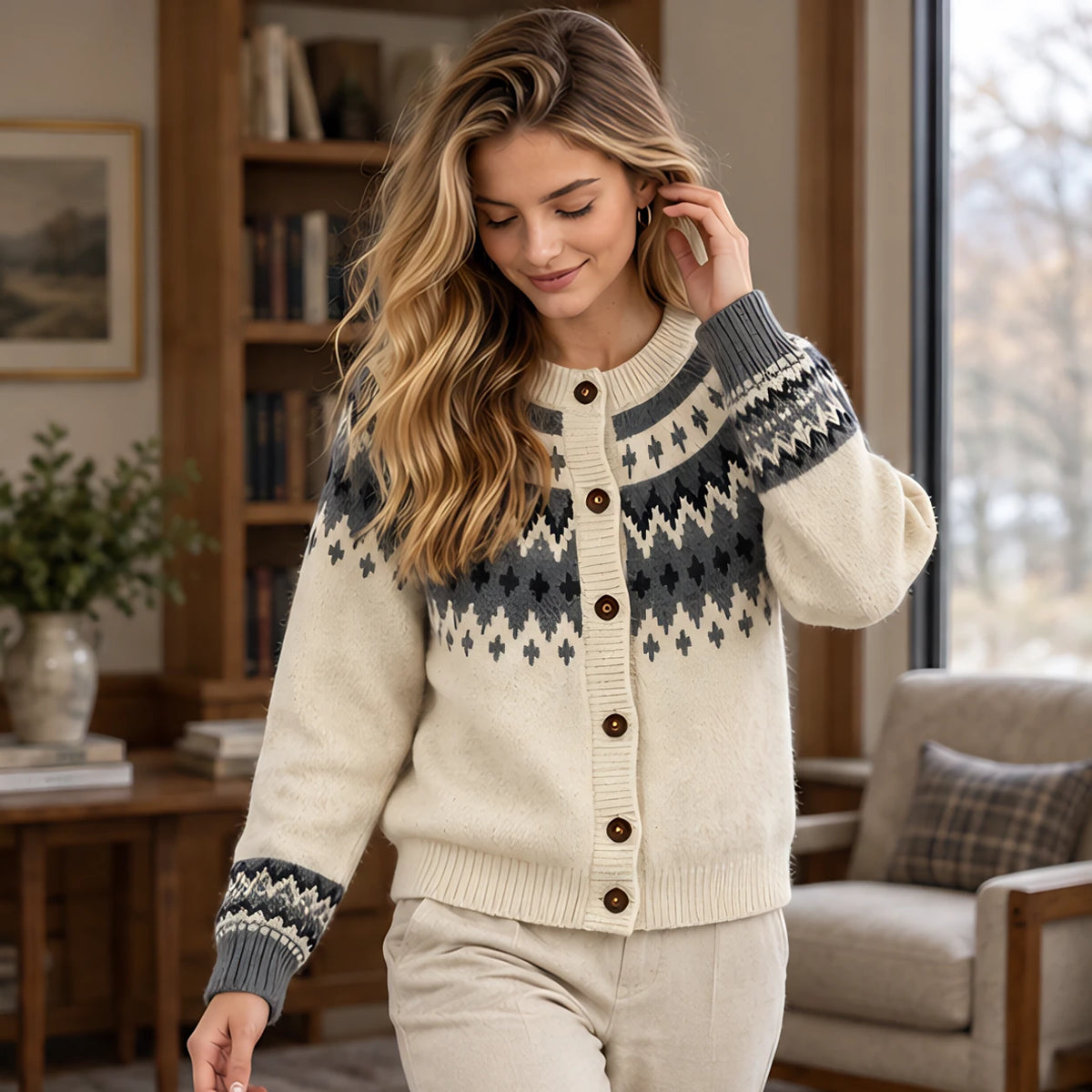 Theodora Women's Fair Isle Yoke Cardigan - Beige - 23 sept - Brondals - Image 2