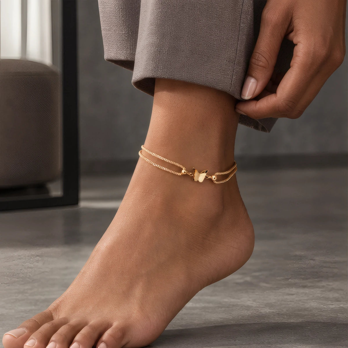 Tilly Butterfly Double Box Chain Anklet - Gold - Accessories > Jewelry > Anklets - Brondals - Image 2