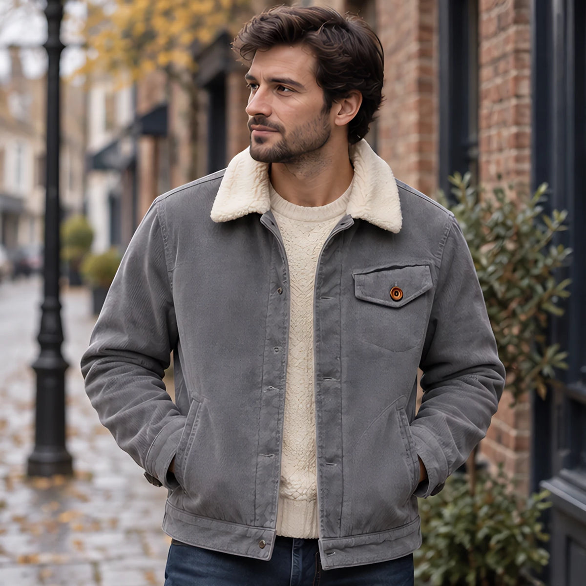 Valentin Men's Corduroy Sherpa Lined Jacket - Gray - Men's Clothing > Outerwear > Corduroy Jackets - Brondals - Image 1
