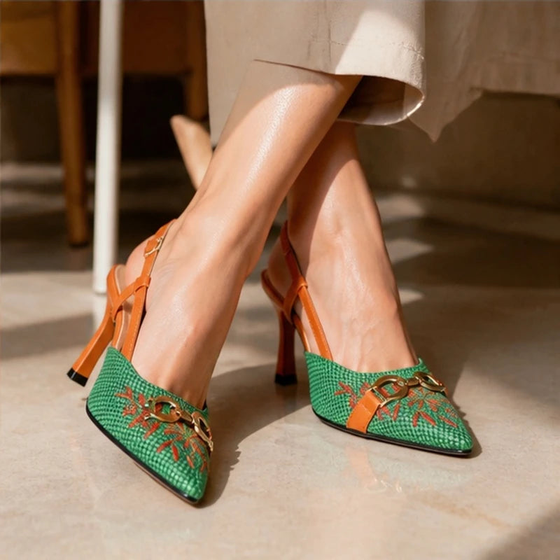 Veda Embroidered Pointed-Toe Slingback Pumps - Basil - female - Brondals - Image 4
