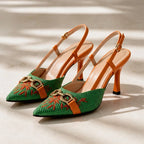 Veda Embroidered Pointed-Toe Slingback Pumps - Basil - Women's Footwear > Heels > Slingback Heels - Brondals - Image 1