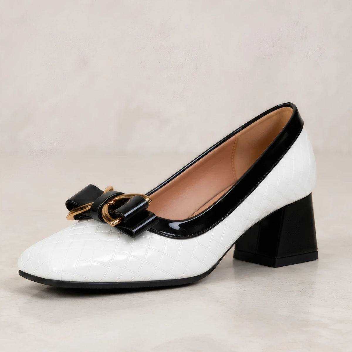 Verity Quilted Gold Bar Bow Pumps - Chalk - pumps - Brondals - Image 4