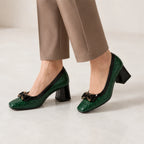 Verity Quilted Gold Bar Bow Pumps - Pine - Footwear > Pumps > Block Heel Pumps - Brondals - Image 3
