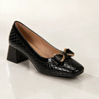 Verity Quilted Gold Bar Bow Pumps - Jet - pumps - Brondals - Image 4