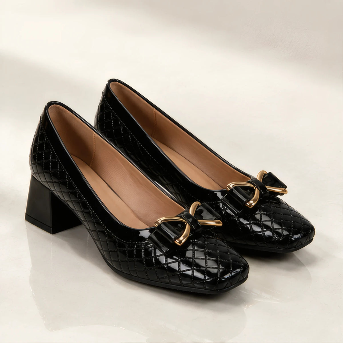 Verity Quilted Gold Bar Bow Pumps - Jet - Footwear > Pumps > Block Heel Pumps - Brondals - Image 1