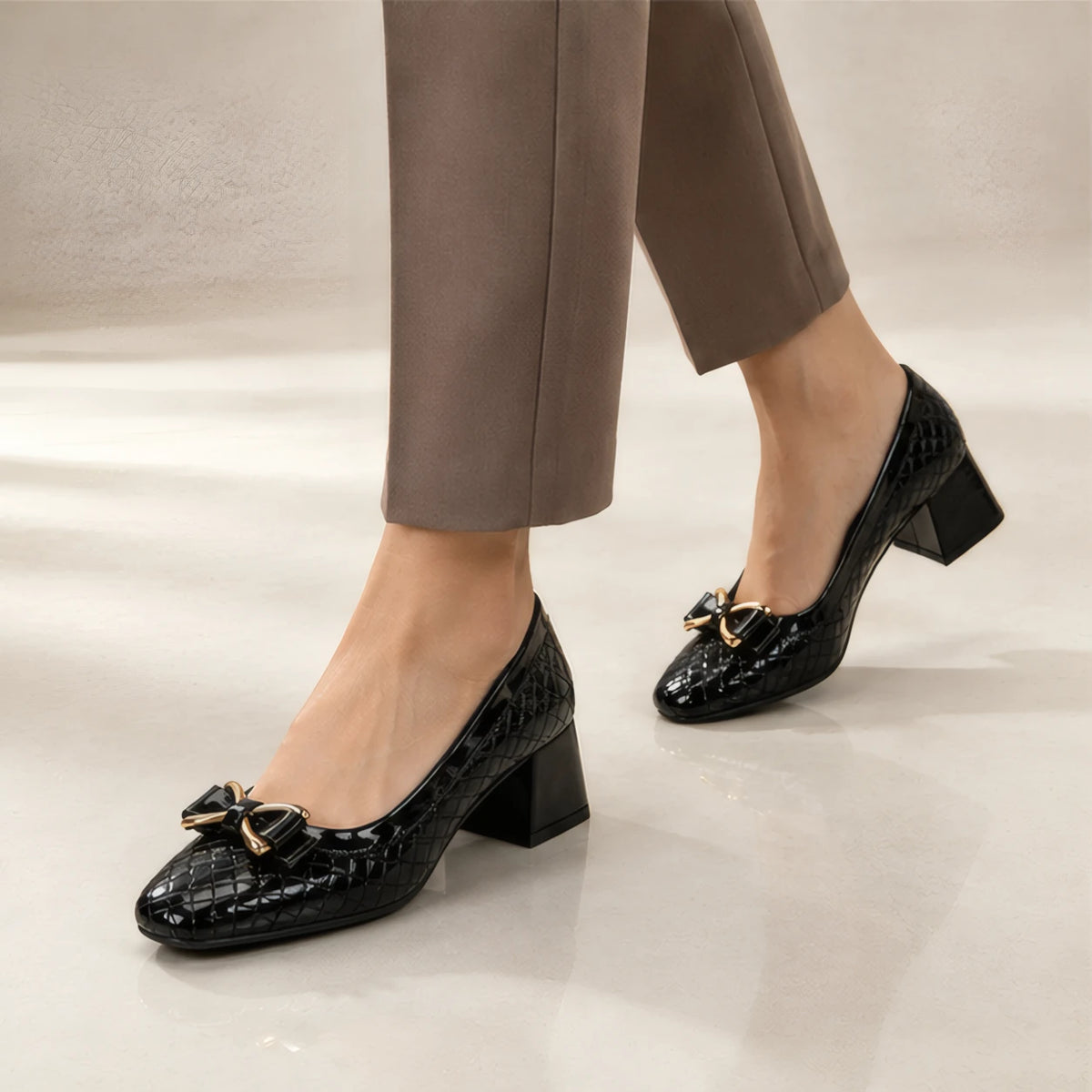 Verity Quilted Gold Bar Bow Pumps - Jet - Footwear > Pumps > Block Heel Pumps - Brondals - Image 3