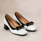Verity Quilted Gold Bar Bow Pumps - Chalk - Footwear > Pumps > Block Heel Pumps - Brondals - Image 1