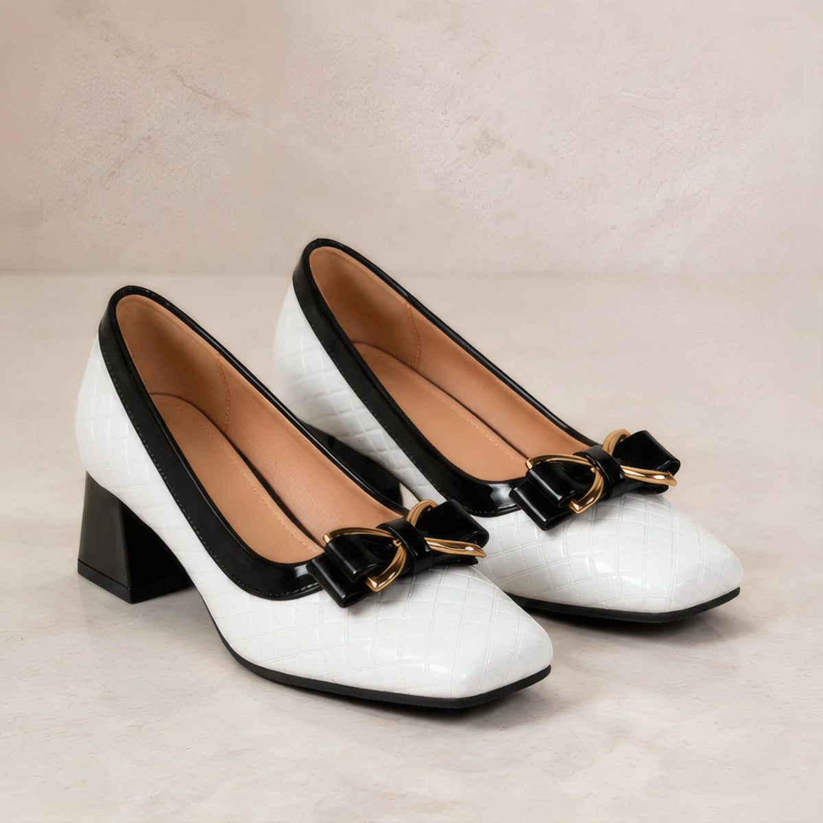 Verity Quilted Gold Bar Bow Pumps - Chalk - Footwear > Pumps > Block Heel Pumps - Brondals - Image 1