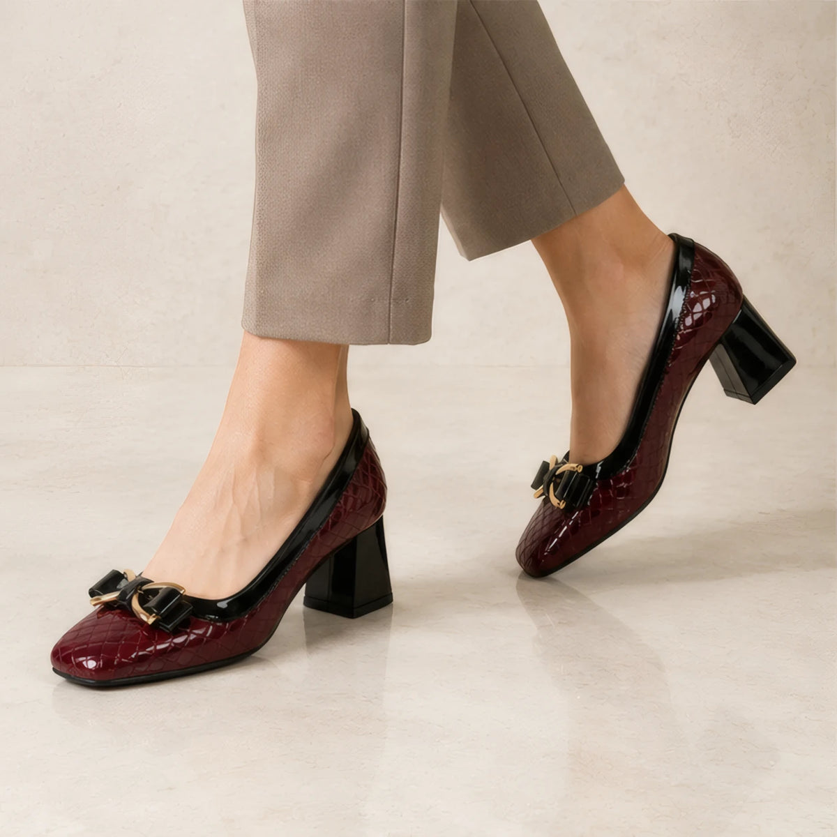 Verity Quilted Gold Bar Bow Pumps - Claret - Footwear > Pumps > Block Heel Pumps - Brondals - Image 3