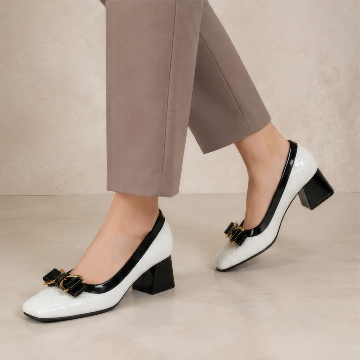 Verity Quilted Gold Bar Bow Pumps - Chalk - Footwear > Pumps > Block Heel Pumps - Brondals - Image 3