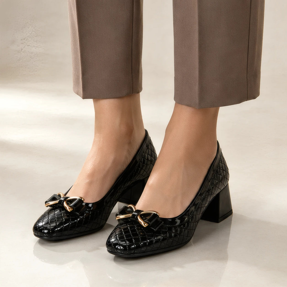 Verity Quilted Gold Bar Bow Pumps - Jet - Shoes - Brondals - Image 2