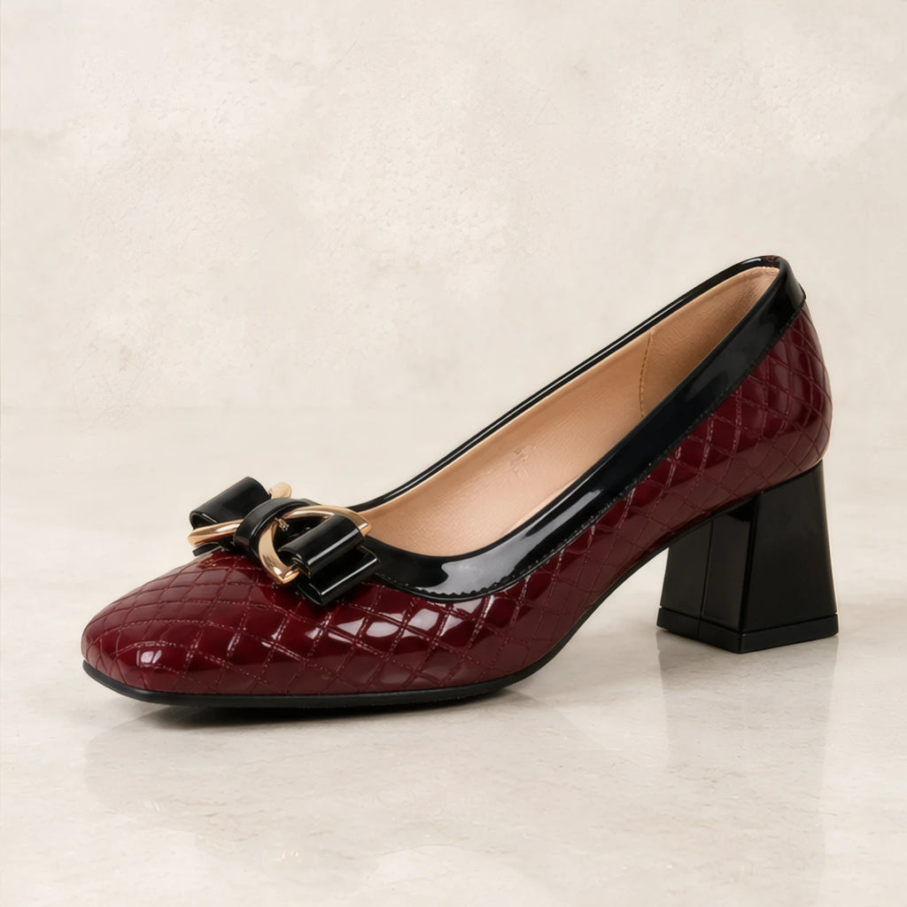 Verity Quilted Gold Bar Bow Pumps - Claret - pumps - Brondals - Image 4