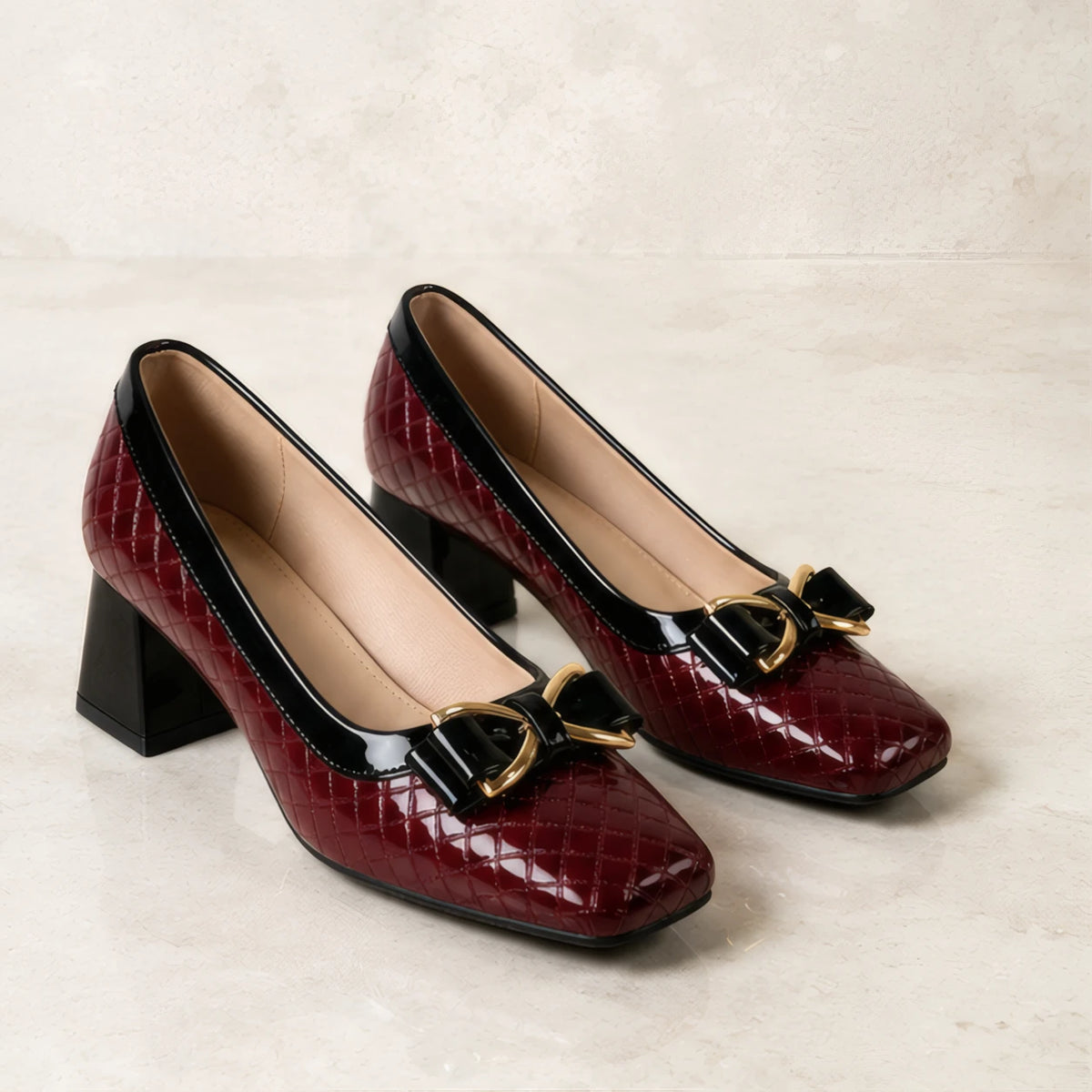 Verity Quilted Gold Bar Bow Pumps - Claret - Footwear > Pumps > Block Heel Pumps - Brondals - Image 1