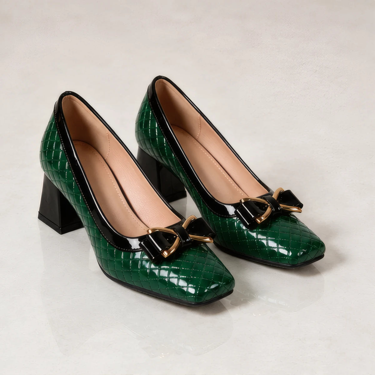 Verity Quilted Gold Bar Bow Pumps - Pine - Footwear > Pumps > Block Heel Pumps - Brondals - Image 1