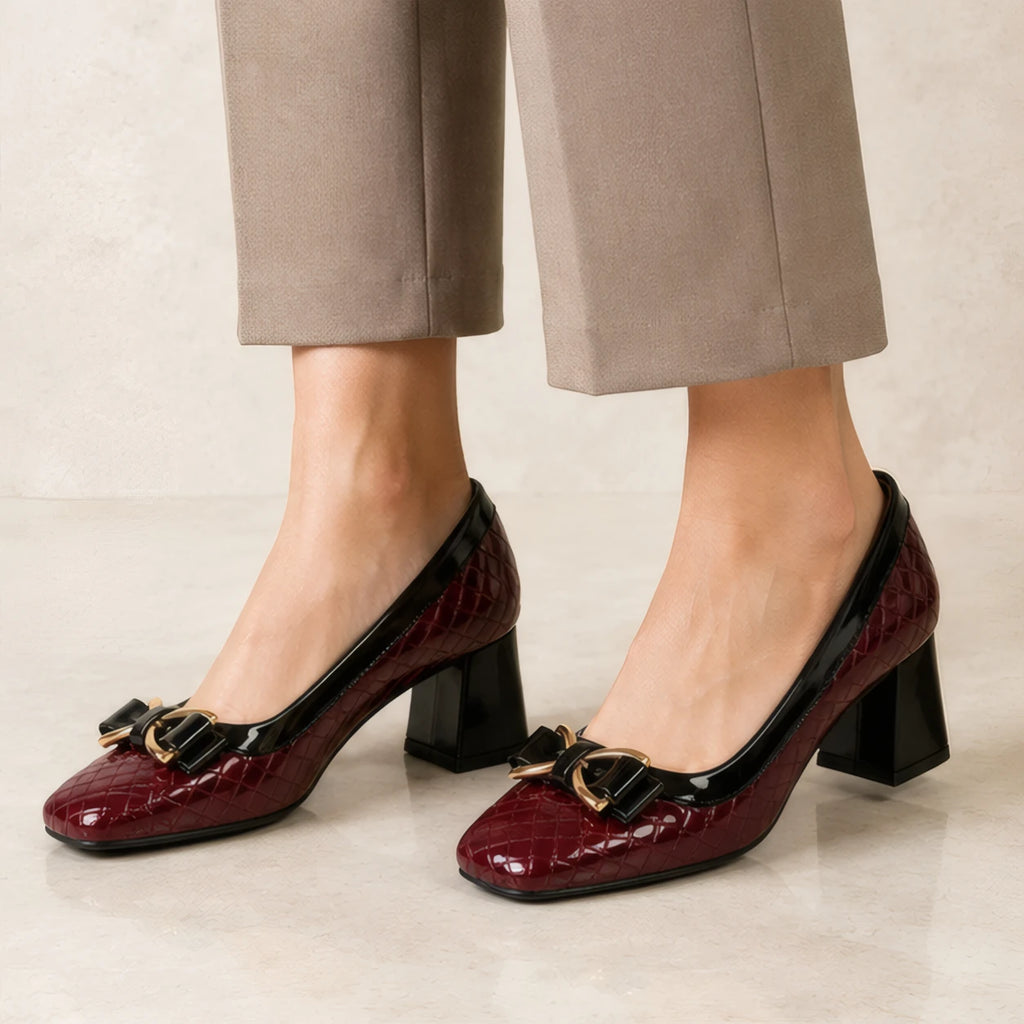 Verity Quilted Gold Bar Bow Pumps - Claret - Shoes - Brondals - Image 2