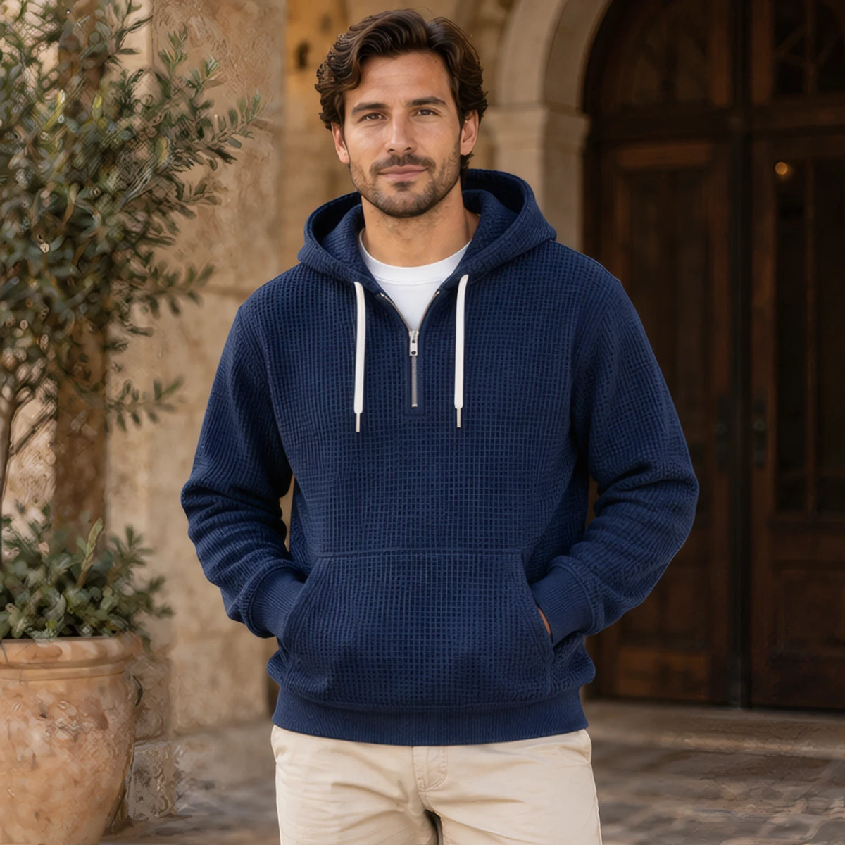 Vernon Waffle-Knit Half-Zip Hoodie - Navy - Clothing > Tops > Hoodies > Half-Zip Hoodies - Brondals - Image 1