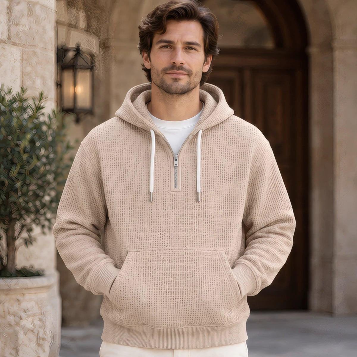 Vernon Waffle-Knit Half-Zip Hoodie - Khaki - Clothing > Tops > Hoodies > Half-Zip Hoodies - Brondals - Image 1