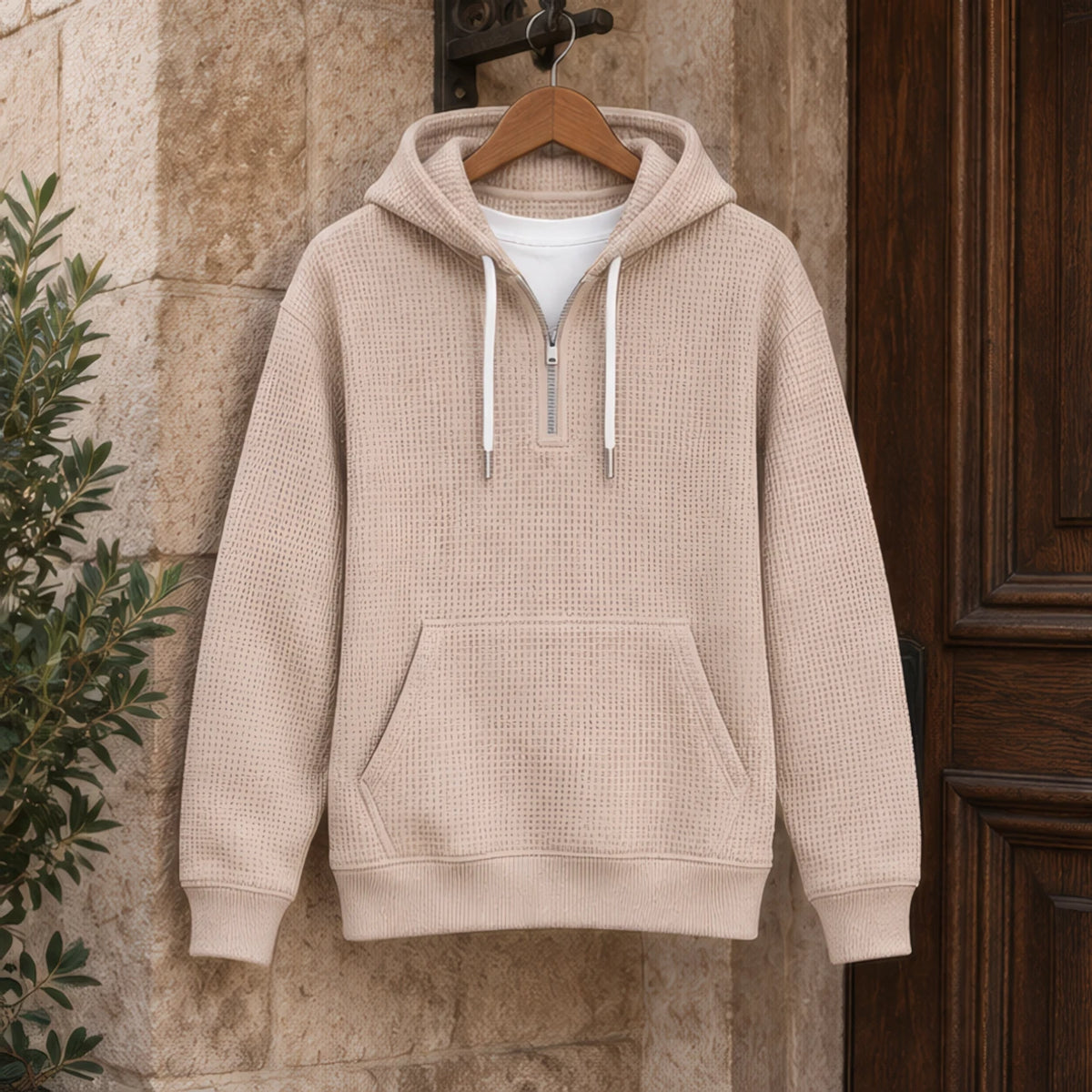 Vernon Waffle-Knit Half-Zip Hoodie - Khaki - Clothing > Tops > Hoodies > Half-Zip Hoodies - Brondals - Image 2