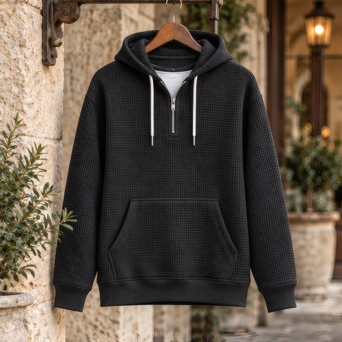 Vernon Waffle-Knit Half-Zip Hoodie - Black - Clothing > Tops > Hoodies > Half-Zip Hoodies - Brondals - Image 2