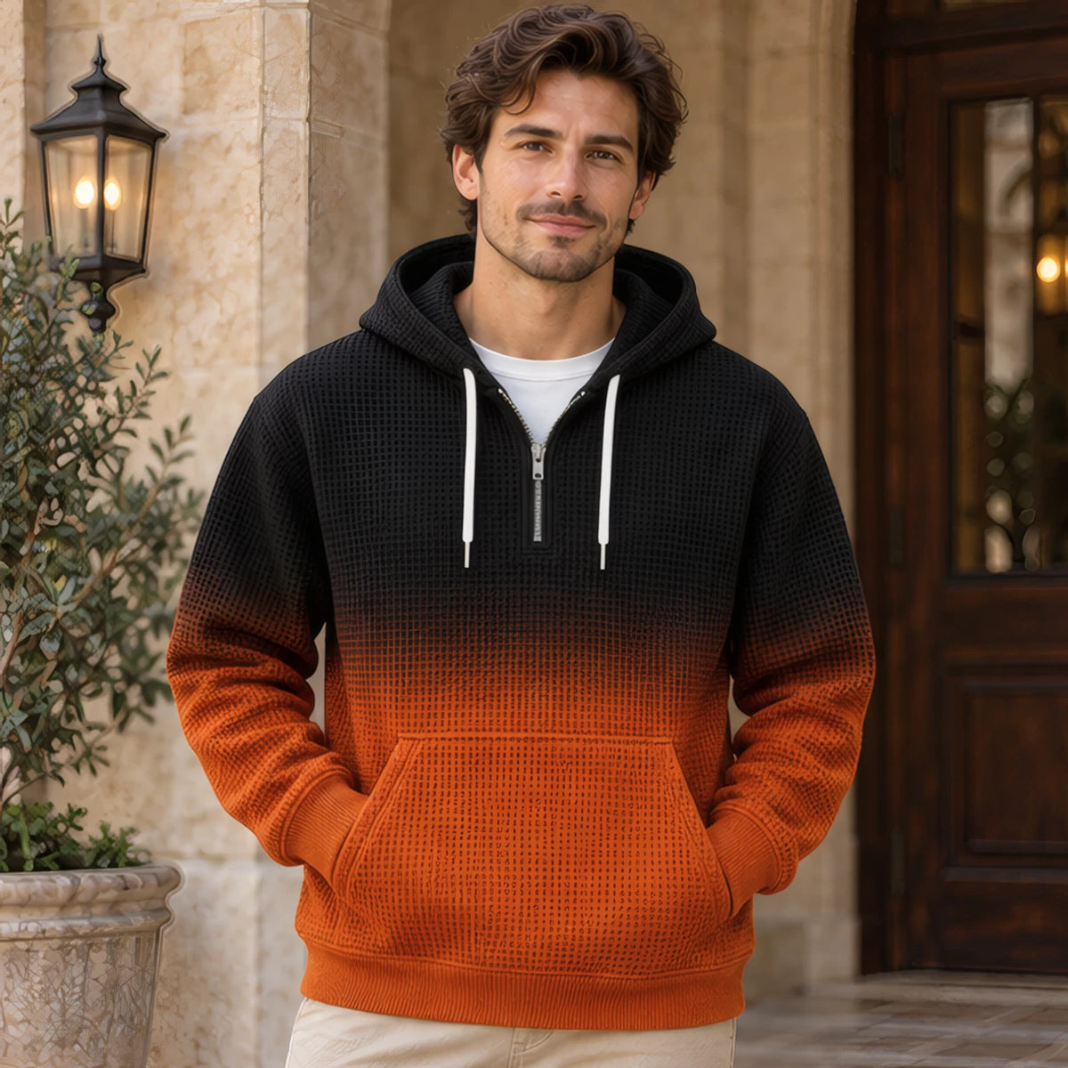 Vernon Waffle-Knit Half-Zip Hoodie - Orange - Clothing > Tops > Hoodies > Half-Zip Hoodies - Brondals - Image 1