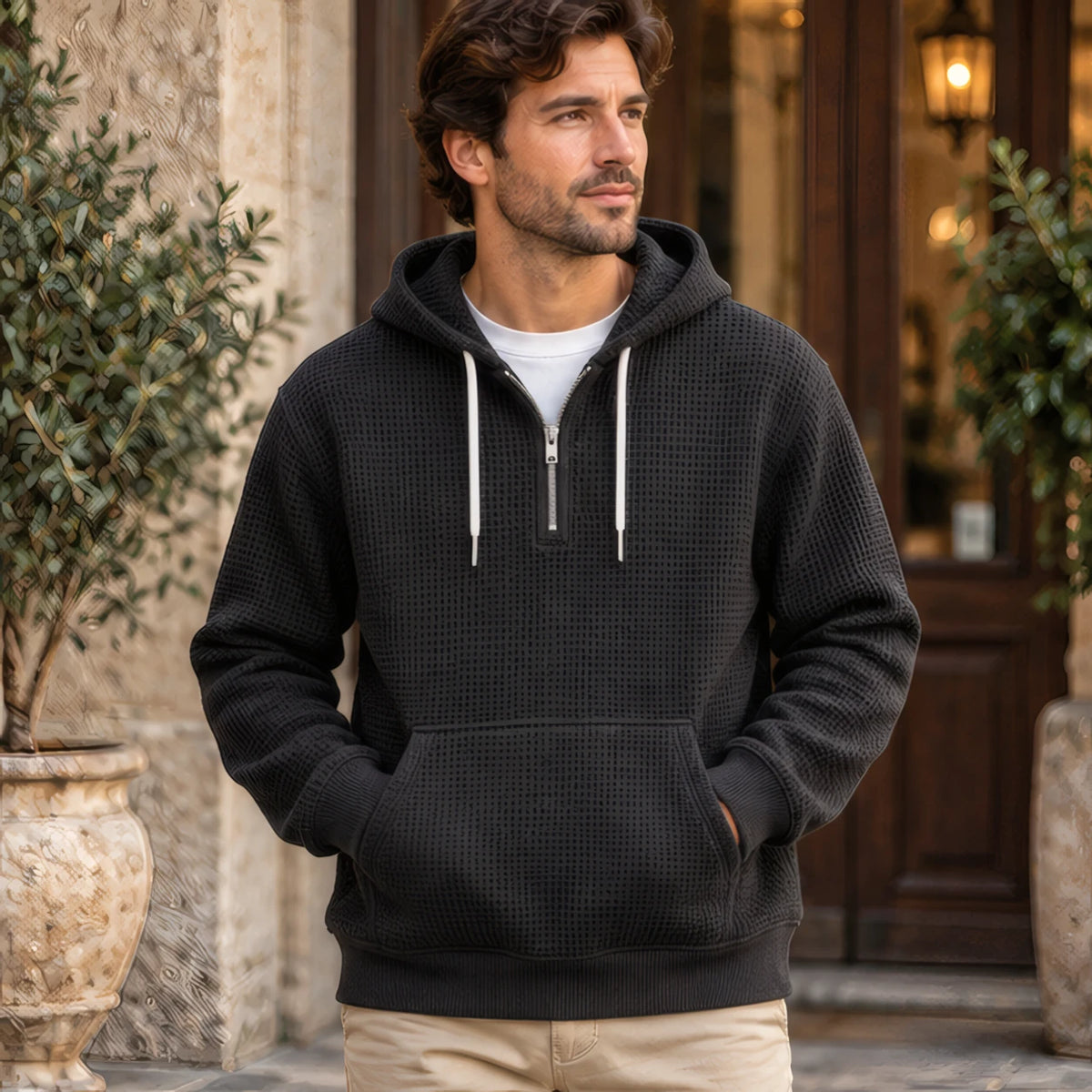 Vernon Waffle-Knit Half-Zip Hoodie - Black - Clothing > Tops > Hoodies > Half-Zip Hoodies - Brondals - Image 1