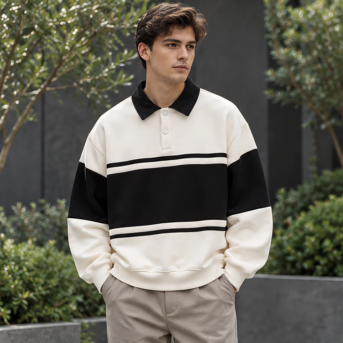 Warrick Men's Striped Collared Sweatshirt - Off White - Clothing > Tops > Polo Sweatshirts - Brondals - Image 1