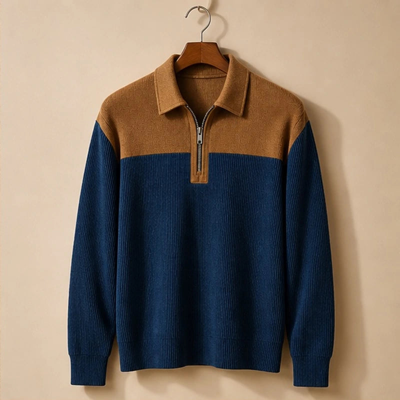 Wendell Textured Colorblock Polo Sweater - Blue - Clothing > Sweaters & Cardigans > Quarter-Zip Polo Sweaters - Brondals - Image 1