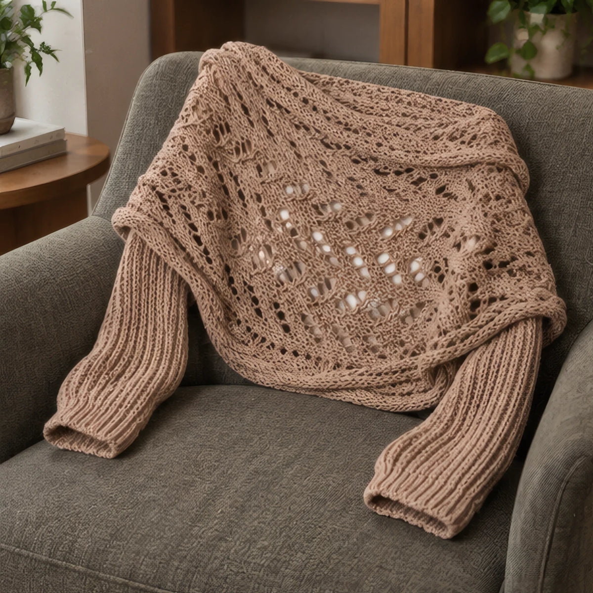 Wren Women's Knit Sleeved Scarf Shawl - Khaki - Women's Accessories > Scarves & Wraps > Sleeved Shawls - Brondals - Image 3
