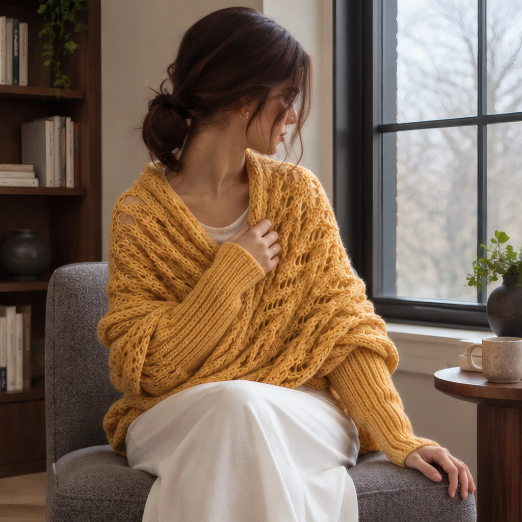 Wren Women's Knit Sleeved Scarf Shawl - Yellow - size_chart - Brondals - Image 2