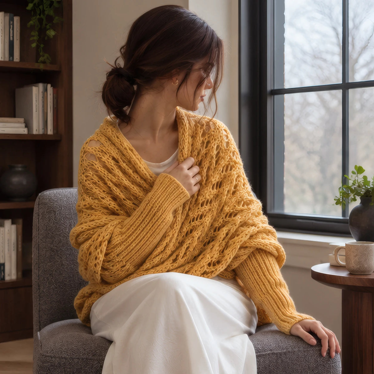 Wren Women's Knit Sleeved Scarf Shawl - Yellow - size_chart - Brondals - Image 2