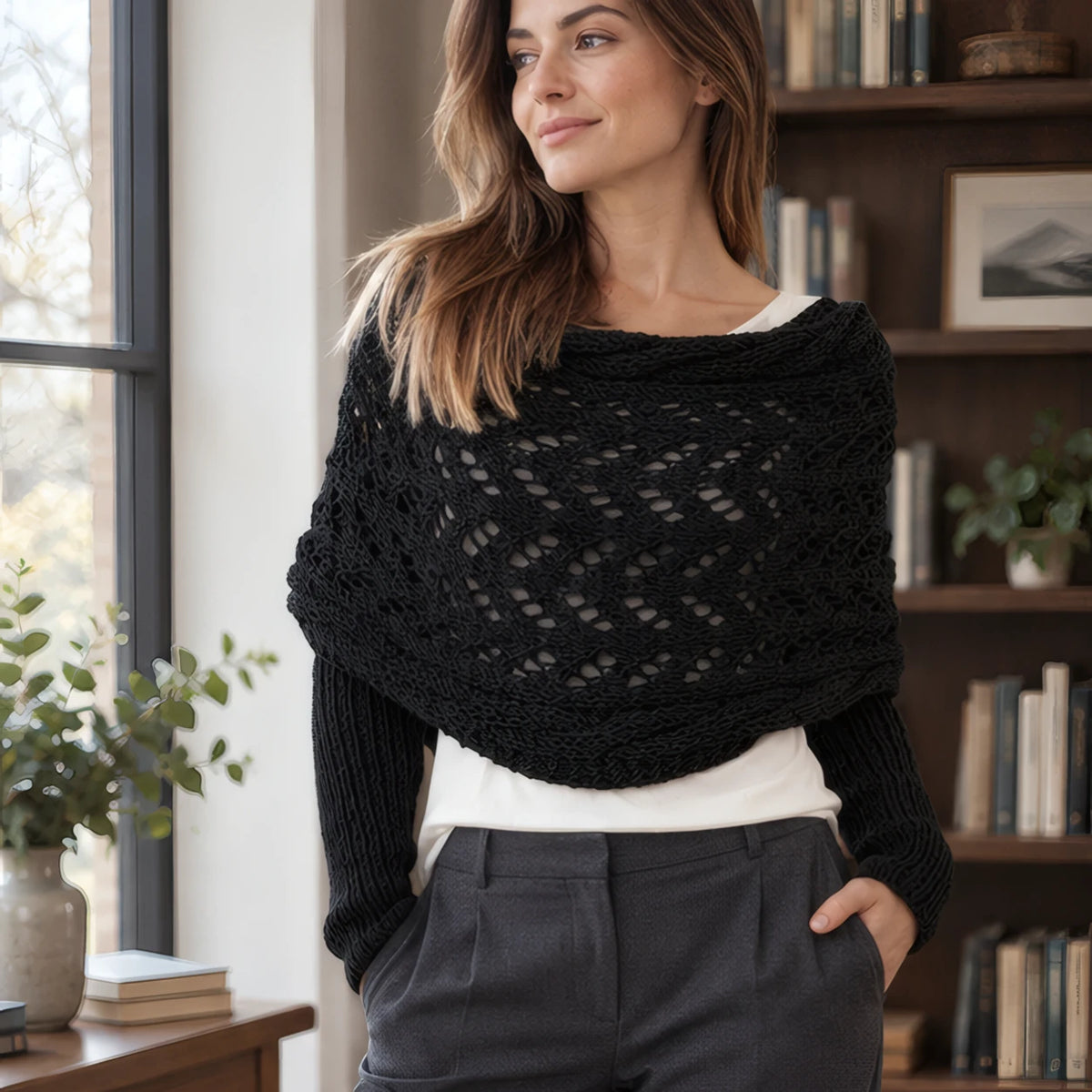 Wren Women's Knit Sleeved Scarf Shawl - Black - Women's Accessories > Scarves & Wraps > Sleeved Shawls - Brondals - Image 1