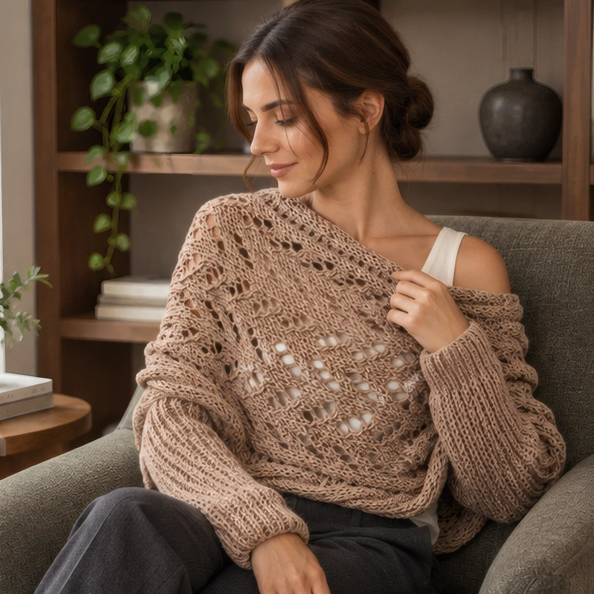Wren Women's Knit Sleeved Scarf Shawl - Khaki - size_chart - Brondals - Image 2