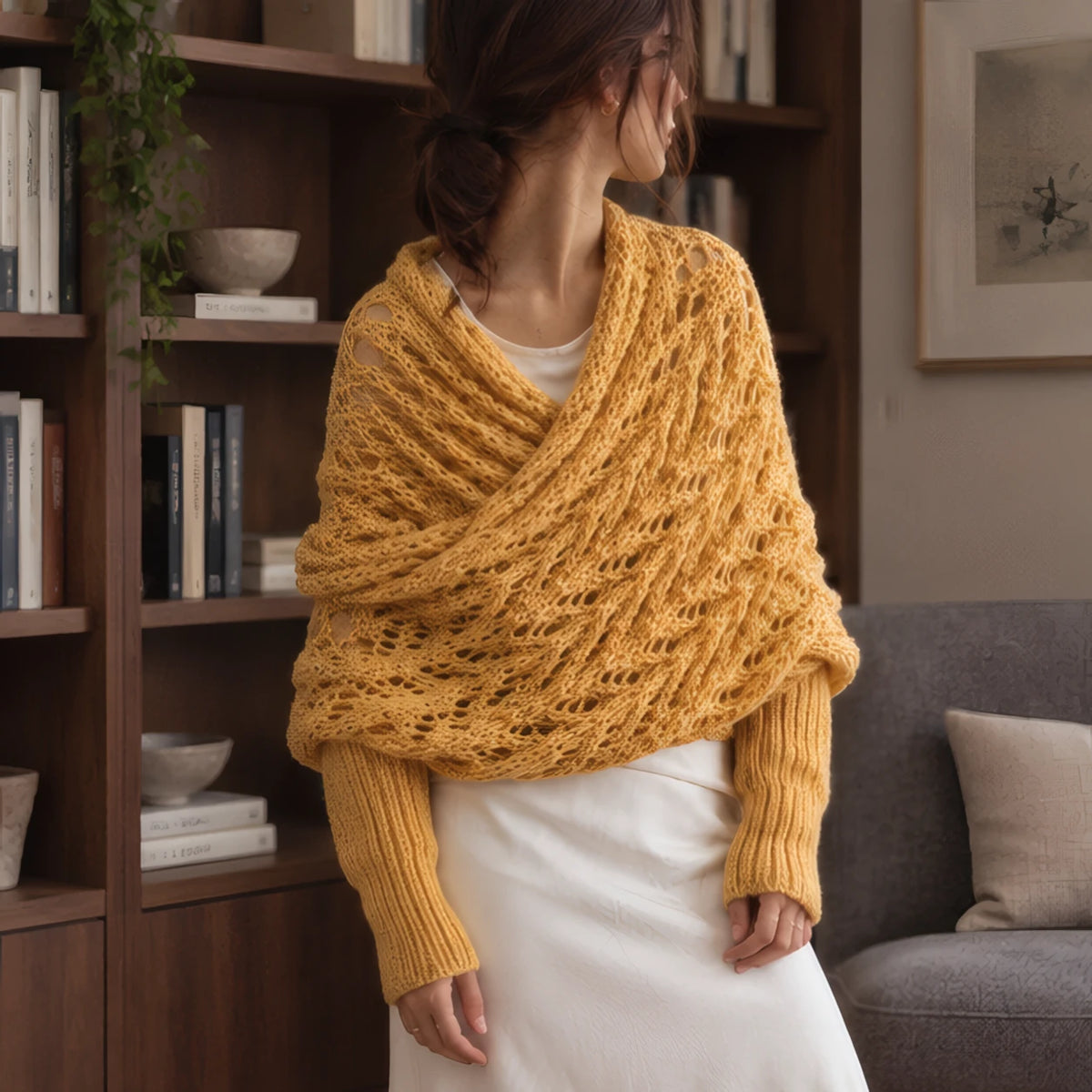 Wren Women's Knit Sleeved Scarf Shawl - Yellow - Women's Accessories > Scarves & Wraps > Sleeved Shawls - Brondals - Image 1