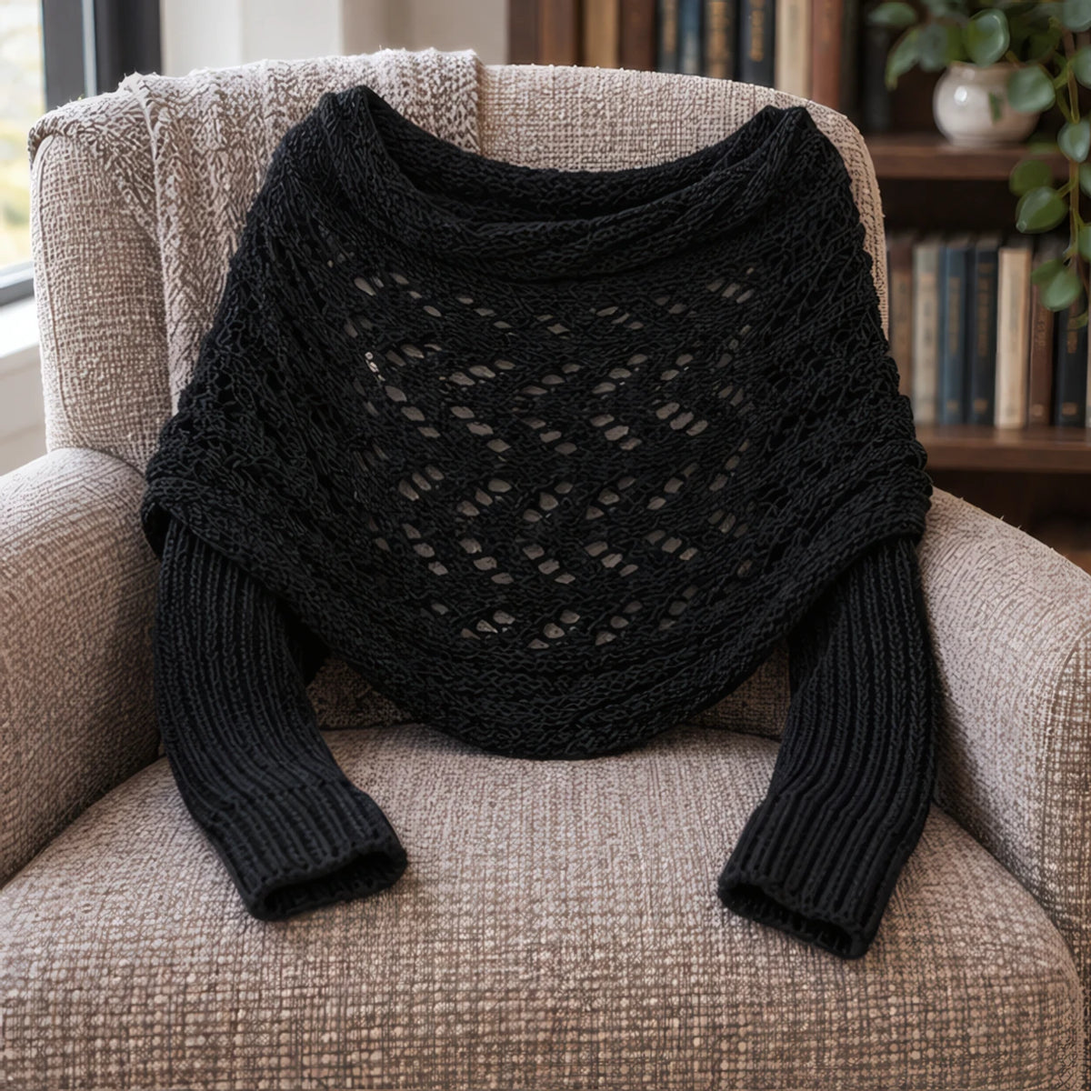 Wren Women's Knit Sleeved Scarf Shawl - Black - Women's Accessories > Scarves & Wraps > Sleeved Shawls - Brondals - Image 3
