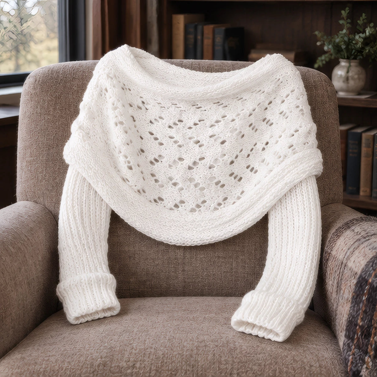 Wren Women's Knit Sleeved Scarf Shawl - White - Women's Accessories > Scarves & Wraps > Sleeved Shawls - Brondals - Image 3