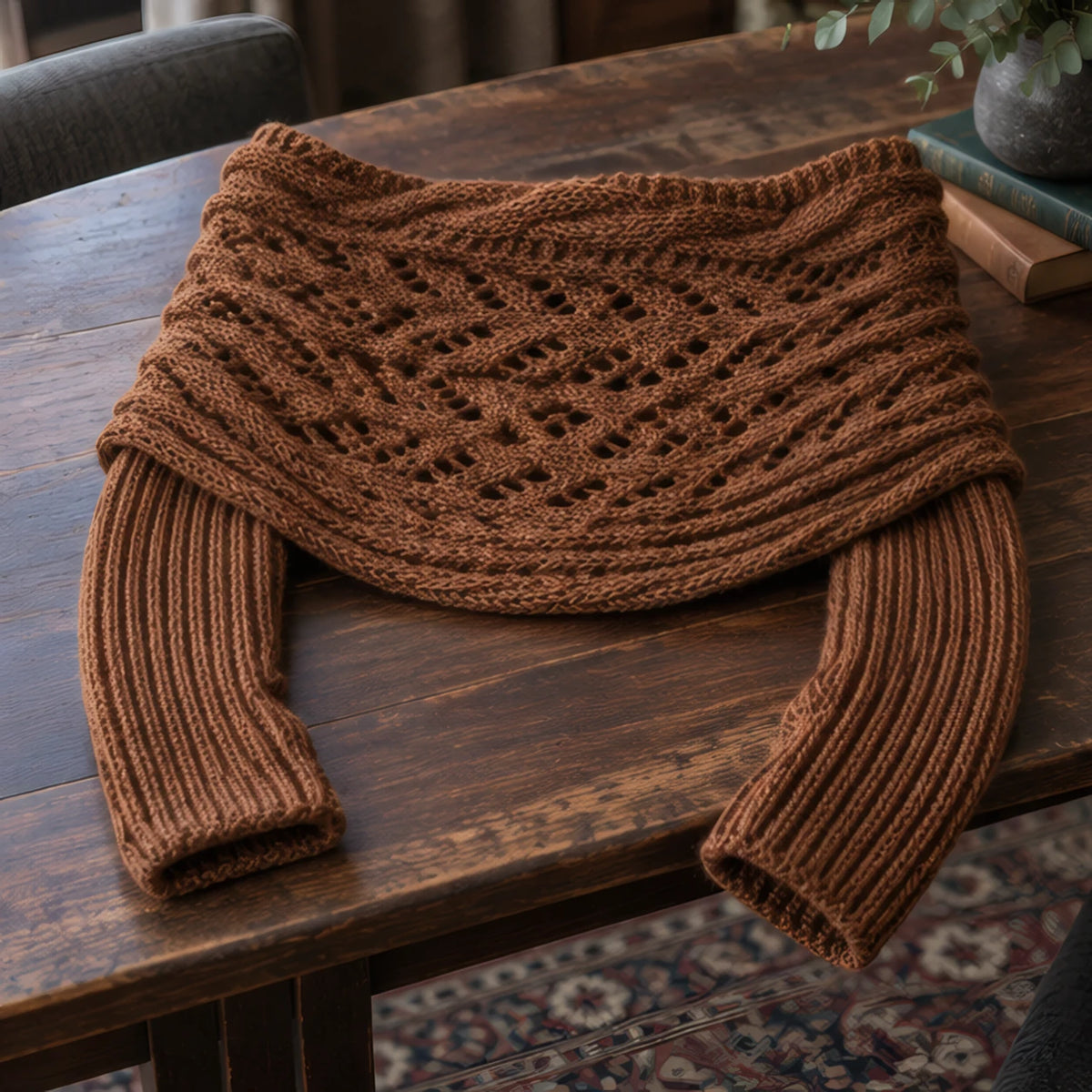 Wren Women's Knit Sleeved Scarf Shawl - Brown - Women's Accessories > Scarves & Wraps > Sleeved Shawls - Brondals - Image 3