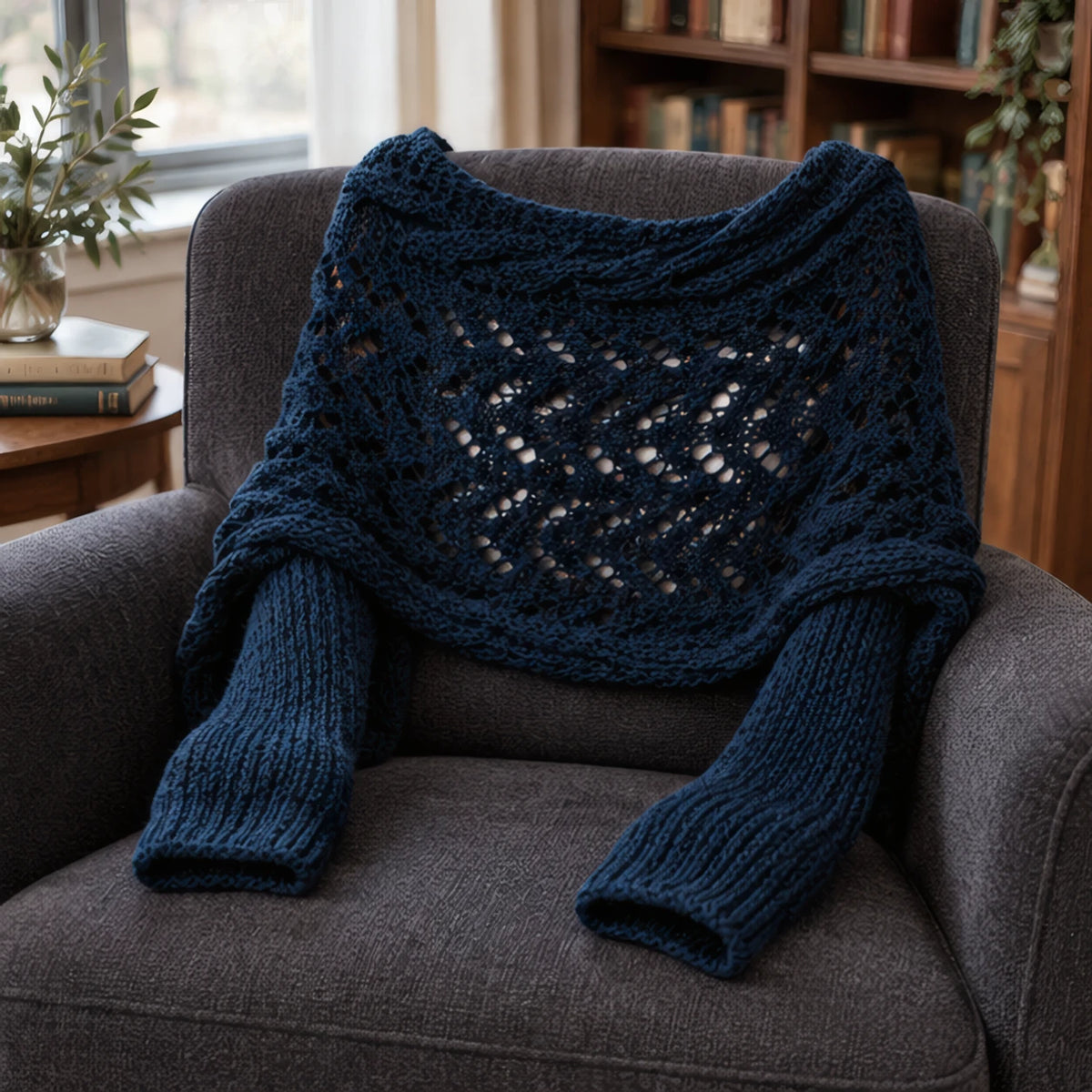 Wren Women's Knit Sleeved Scarf Shawl - Dark Blue - Women's Accessories > Scarves & Wraps > Sleeved Shawls - Brondals - Image 3