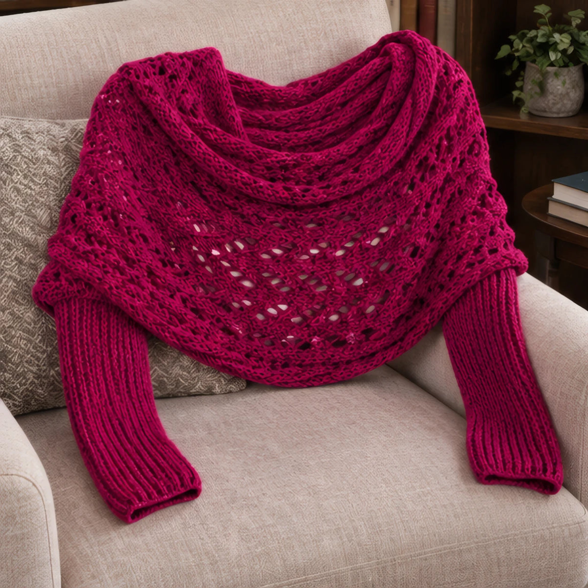 Wren Women's Knit Sleeved Scarf Shawl - Rose Red - Women's Accessories > Scarves & Wraps > Sleeved Shawls - Brondals - Image 3